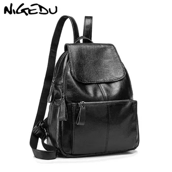NIGEDU 100% couro Genuíno Mulheres Mochila com zíperes grande capacidade de universitários negros mochila mochila feminina bolsa de Viagem Mochila