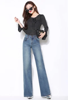nova primavera e no outono, Moda casual, mais o tamanho de cintura Alta em linha Reta solta marca feminina das mulheres de perna larga stretch jeans