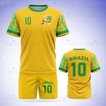 Novo Jumeast Brasil de Futebol Jersey Padrão T-Conjunto de camisa de Futebol de Bandeira de Impressão Shorts Amarelo Malha de Esportes de Bola Roupas Equipe de Uniforme