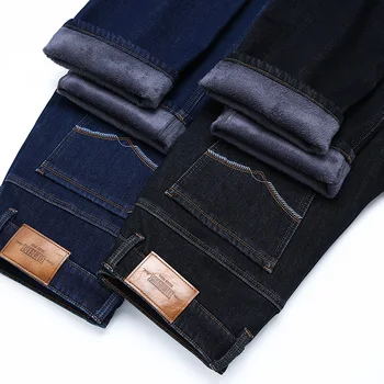 O inverno dos Homens Novos Slim calça Jeans Reta de Negócios de Moda Casual, Além de Veludo Grosso Jeans Calças do Estiramento de Marca, Calça Azul Preto 42