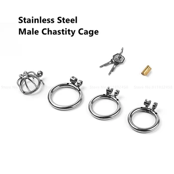 O Metal de Aço inoxidável do sexo Masculino Castidade Gaiola Dispositivo de Retenção para Cravado com um anel de Bloqueio