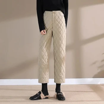 Outono Inverno colar Acolchoado Tornozelo-comprimento de Calças para Mulheres de Algodão Quente de Perna Reta Calça Feminina Cintura Alta Streetwear Casual Calças Soltas