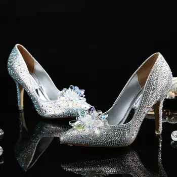 Paetês E Salto Alto Sapatos De Casamento Das Mulheres De Pedra De Strass De Cristal Fino Calcanhar Apontado Nupcial Sapatos 2