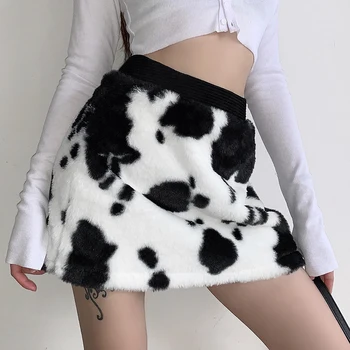 Peludos Vaca Impressão de Outono Mini-Saia de Mulheres Vaca Padrão Preto-e-Branco de Cintura Alta Curta Saia de Inverno Senhoras Peludos Streetwear