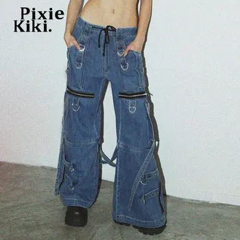 PixieKiki Trashy Y2k Streetwear de Baixo crescimento Jeans para Mulheres Fivela de Metal Zíper Cinto Folgado Calças Cargo da década de 2000 Roupas P67-FI110