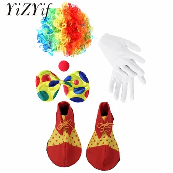 Rainbow Clown Cosplay Traje De Desempenho Ondulado Encaracolado ClownWig Esponja Nariz Pontos Laço Luva De Palhaço Com Sapatos De Festa De Halloween Adereços 1