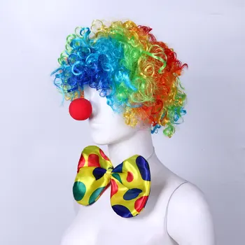 Rainbow Clown Cosplay Traje De Desempenho Ondulado Encaracolado ClownWig Esponja Nariz Pontos Laço Luva De Palhaço Com Sapatos De Festa De Halloween Adereços 2
