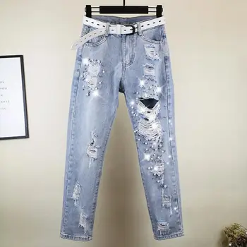 Ripped Jeans, Jaqueta as Mulheres formam a Pérola Casual Grande Tamanho de calças de Brim de 2022, a Primavera e o Outono as Mulheres de Cintura Alta Harém Calças E204