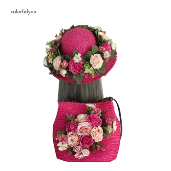 Rose palha sacos com chapéu de Verão, flor Boêmio de moda feminina bolsas de Férias de lazer da praia do saco para bolsa de ombro de senhoras