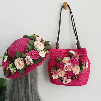 Rose palha sacos com chapéu de Verão, flor Boêmio de moda feminina bolsas de Férias de lazer da praia do saco para bolsa de ombro de senhoras 2