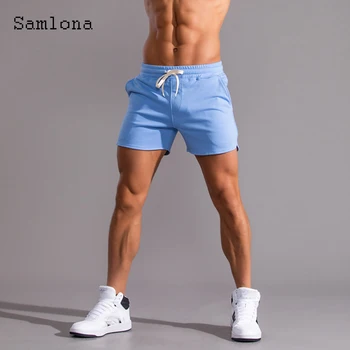 Samlona Homens de Lazer Shorts 2021 Verão Sexy Novo Lace-up Skinny Shorts Plus tamanho 3xl Masculino Casual, Praia de Calça Curta Azul Branco