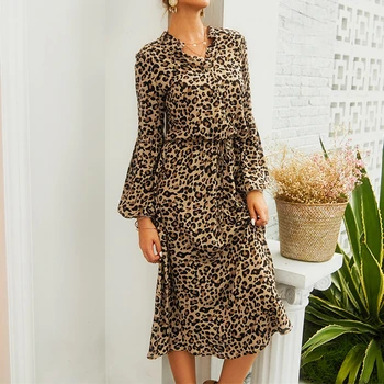 Senhoras Boho Impressão De Leopardo Mulheres De Verão, Primavera, Outono Camisa De Vestido Casual Manga Longa Vestido Solto Mulheres Vestidos De Vestidos Femininos