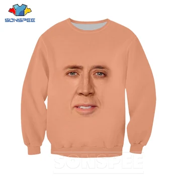 SONSPEE Impressão 3D Engraçado Atores Nicolas Cage Sweatershirt Homens Esportes Tops Mulheres Camisas de manga comprida Harajuku Cara Engraçada de Hip-hop