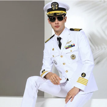 Super Qualidade De Militar Da Marinha Uniforme De Capitão De Iate Piloto Terno Jaquetas De Mens White Piloto De Linha Aérea Uniformes