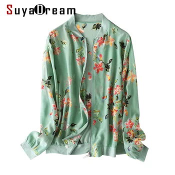 SuyaDream Mulheres Casacos de Seda 100%Seda Floral Print Zip-up Camisolas 2020 Primavera Verão Outwear
