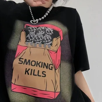 T-Shirt Das Mulheres 2022 Verão Novo Crânio De Cigarro Caso Da Rua De Algodão Solto Preguiçoso Vento Superior Harajuku Tendência Retro Impressão Gráfica Y2k Tee