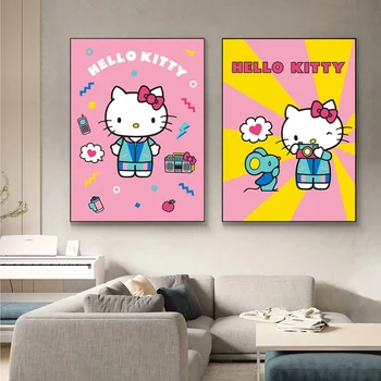 Tela de Pintura Hello Kitty Decoração Japonês Clássico Anime Cartaz e Imprime Crianças Decoração para Sala de estar, Quarto Bonito Dom Crianças 1