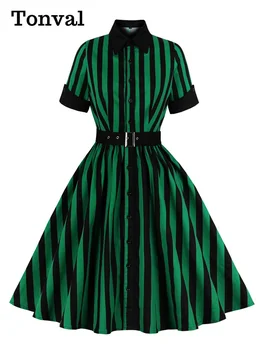 Tonval Único Breasted Preto e Verde Listrado de Algodão Vestidos de Mulheres Rockabilly Roupas Vintage com cinto Plissado Vestido de Bolso