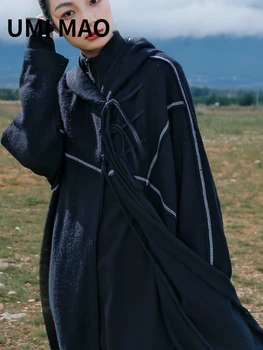 UMI MAO Yamamoto Escuro Design Com 40% de Lã Casaco de Tweed Mulheres de Inverno Irregular, de Cor Colisão com Capuz Casaco Feminino Sobretudo