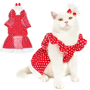 Vermelho Vestido de Bolinhas Para o Gato de Estimação de Roupa Doce Suspensórios Gatos Roupas para Cães de Pequeno porte Verão as Saias do Vestido de Princesa Roupas para cães