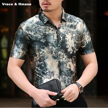 Verão de 2018 Nova qualidade de seda macio e confortável boutique camisa de manga curta estilo Americano de smart impressão casual camisa de homens M-XXXL