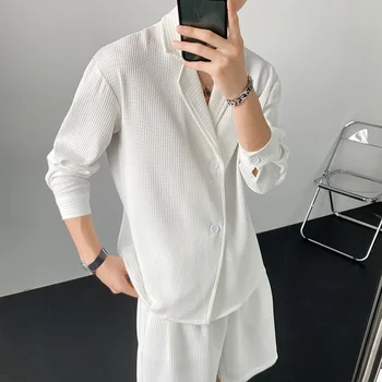Verão Preto/Branco Conjuntos de Moda masculina Camisa de manga comprida, Shorts de Duas peças Homens coreano Casual Solta Xadrez Conjuntos de Terno de Mens M-2XL