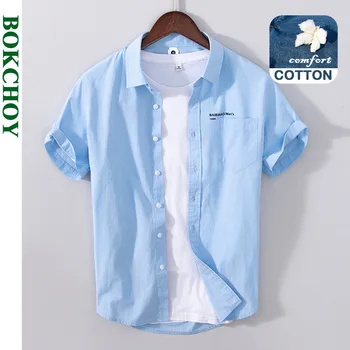 Verão, Primavera de Novos Homens de Cor Sólida Cinco-ponto de Manga de Camisa Casual manga Curta Bolso da Camisa de Trabalho vestem-se de Branco o Azul GC-1610