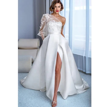 Vestidos de noiva Em 2022, de Um Ombro-Querida-Linha de Apliques de Renda Sexy Vestidos de Casamento Lado de Divisão de Cetim Vestido de Noiva robe de mariée 1