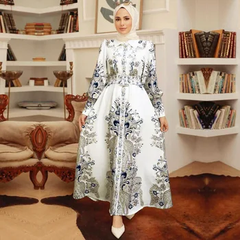 Wepbel Abaya Muçulmanos Indonésios Impresso Vestido De Árabe Mulheres Islâmicas Roupas De Manga Longa De Cintura Alta Caftan Manto Abaya Ramadã Maxi