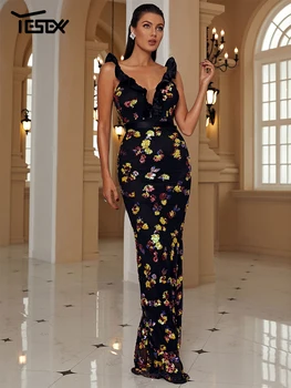 Yesexy Nova Moda Elegante Vestido Floral Contraste De Paetês Sem Encosto Cami Vestido De Vestidos Elegantes Para Festa