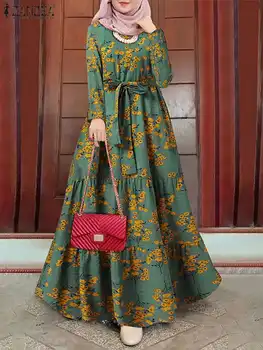 ZANZEA Muçulmano Elegante Casual Túnica Longa Turquia Abaya Hijab Vestido Mulher Manga Longa O-Pescoço Marocain Caftan de Vestuário Islâmico 2022