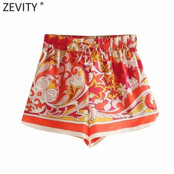 Zevity Mulheres Do Vintage Totem Estampa Floral Quente Bermuda Shorts Feminino Elegante Laço Na Cintura Elástica Verão Retrô Pantalone Cortos P1161