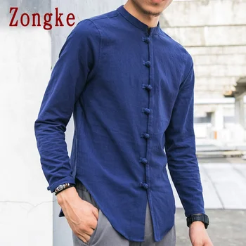 Zongke 2022 Primavera de um Novo Sólido Casual Camisa de Manga Longa e Homens de Ajuste Fino de Algodão, de Linho, Camisa de Homens do sexo Masculino da Marca de Roupas Plus Size M-5XL